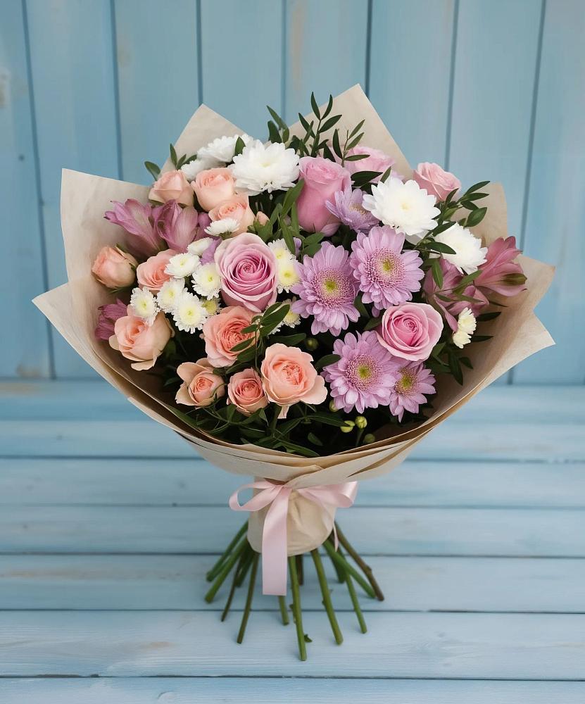 Букет цветов из: Хризантемы, Розы и Альстромерии в Майский