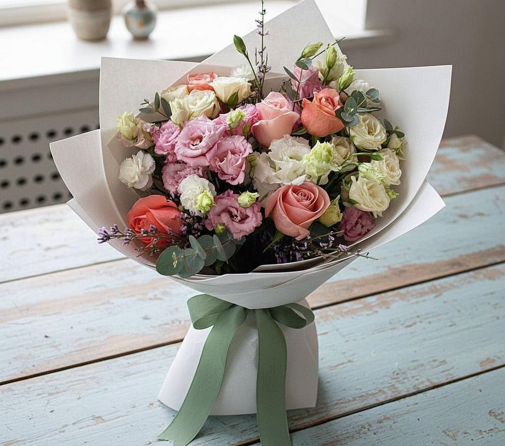 Букет цветов из: Розы, Лизиантусы и Гвоздики в Майский