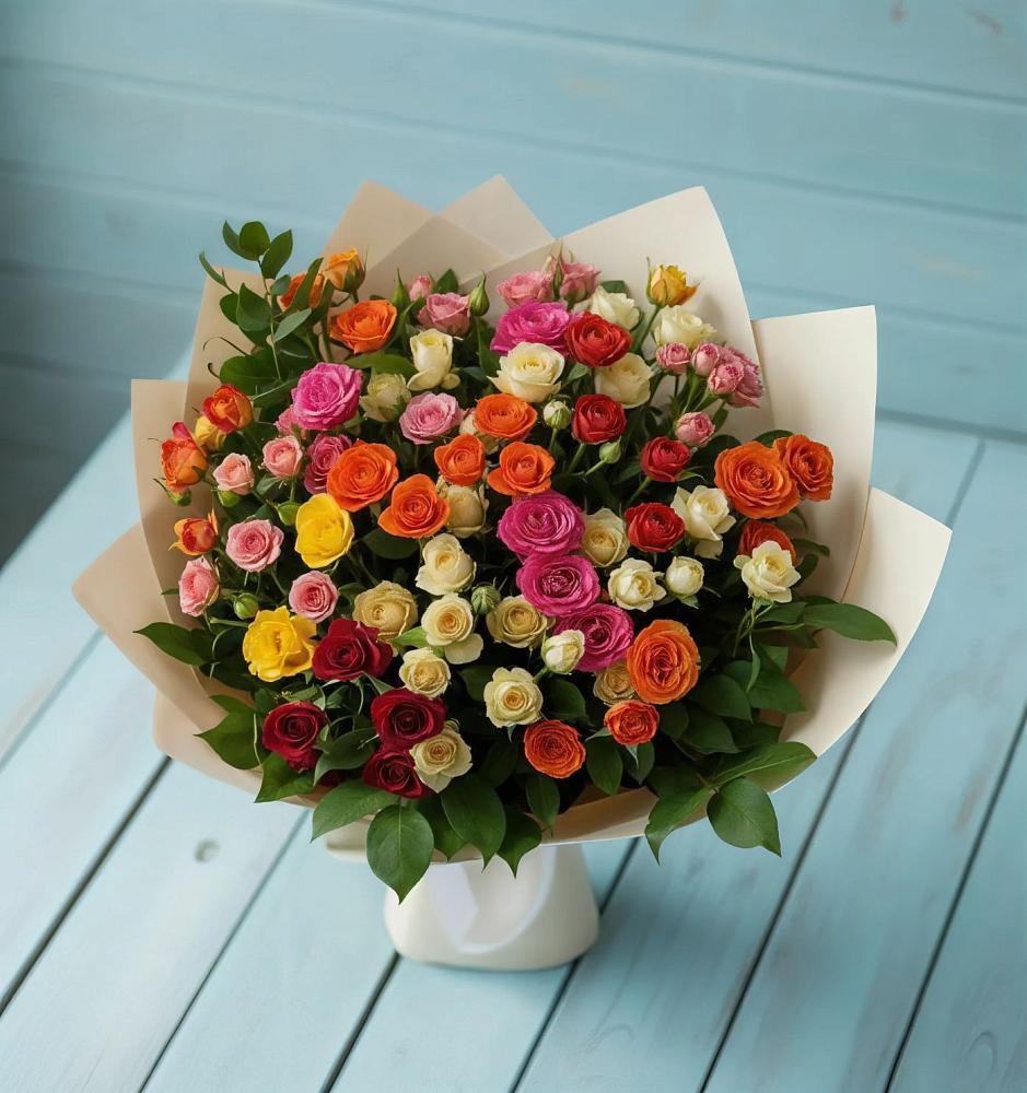 Букет Микс из разноцветных кустовых роз в Майский