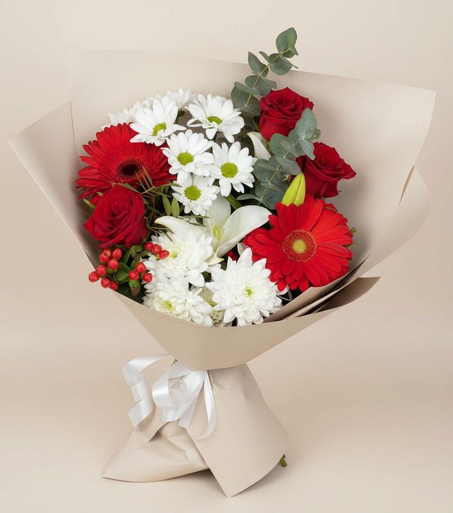 Букет цветов из: Розы, Хризантемы, Герберы и Лилии в Майский