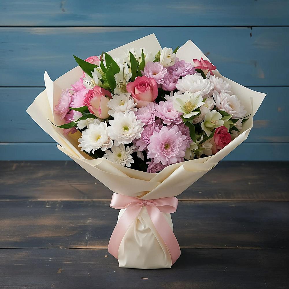 Букет цветов из: Хризантемы, Альстромерии и Розы в Майский